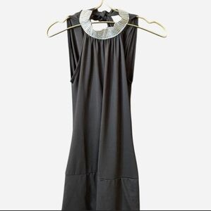 Elegant Black Sleeveless Dress with Silver Embellished Collar